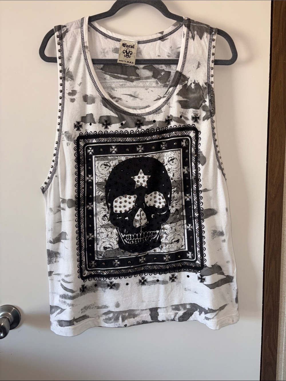 Vocal Studded Skull Graphic Tank Top White Gray Sz Large Grunge Punk Biker Chic - Picture 1 of 12